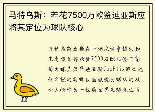 马特乌斯：若花7500万欧签迪亚斯应将其定位为球队核心